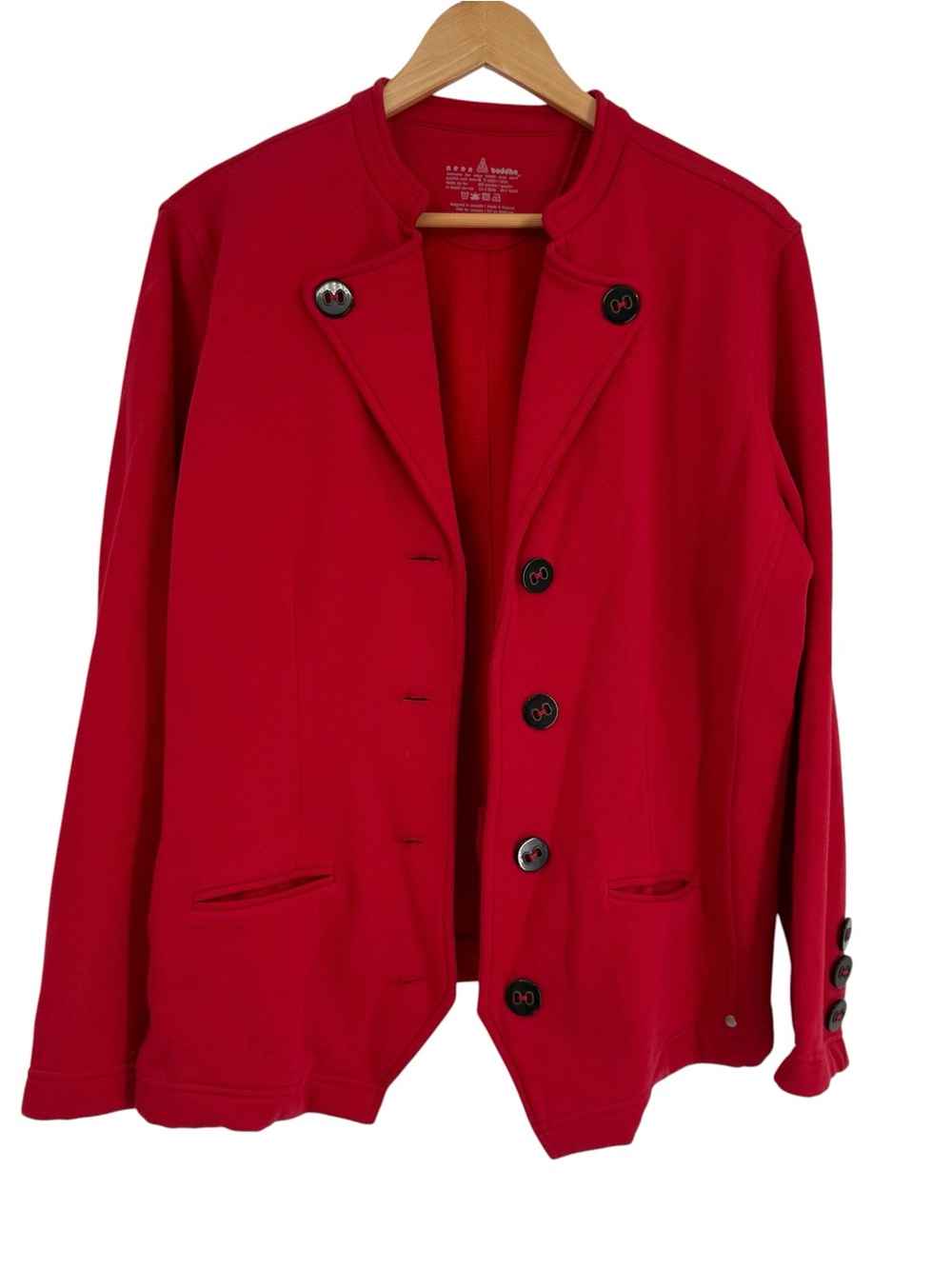 Neon Buddha Cotton Knit Jacket Women’s Size XL Artsy Boho Mock Neck Pockets Red